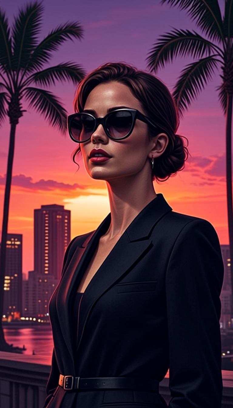 Personagem estilizado contra o pôr do sol de Vice City