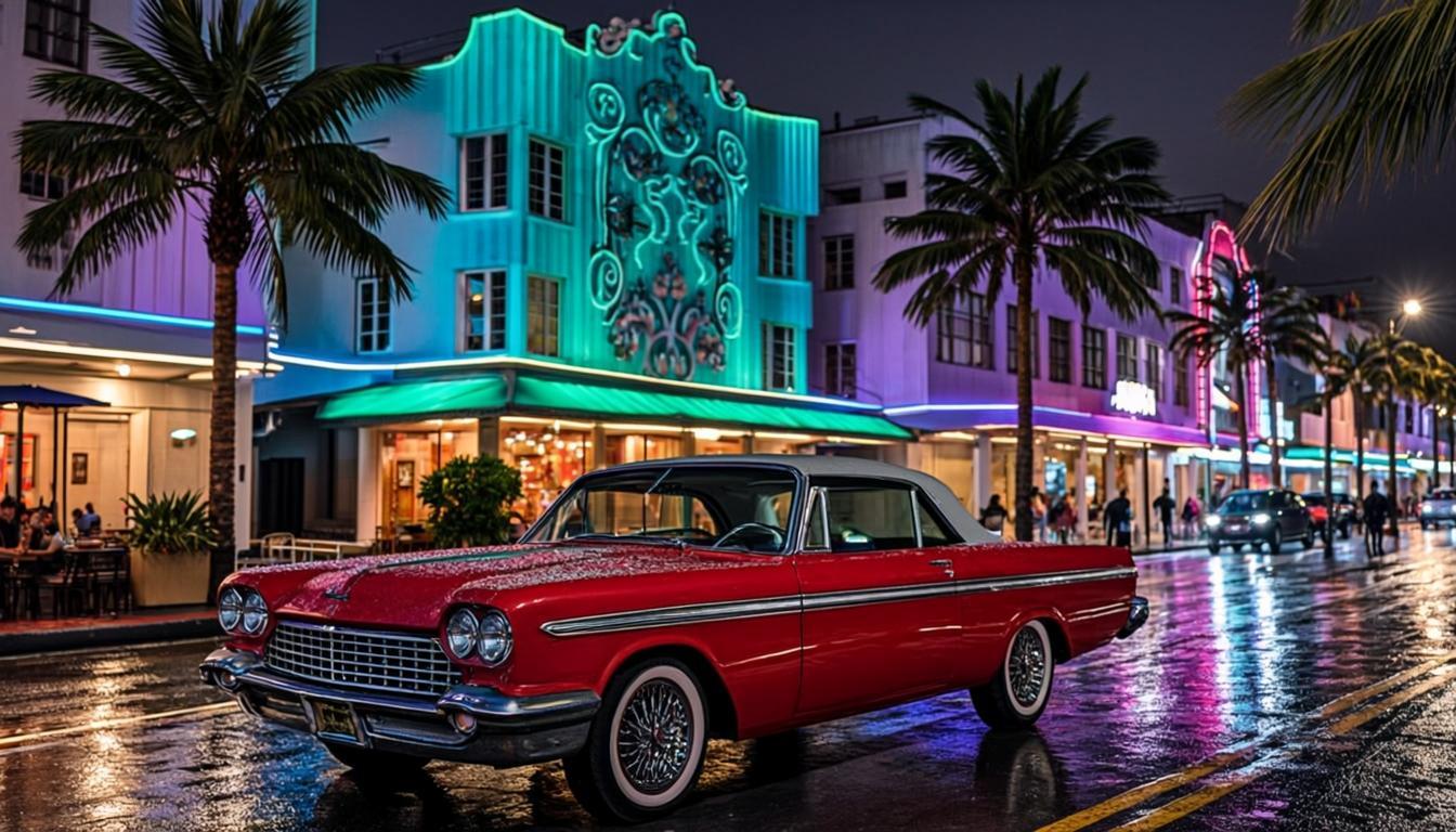 Ocean Drive à noite com luzes neon rosa e ciano