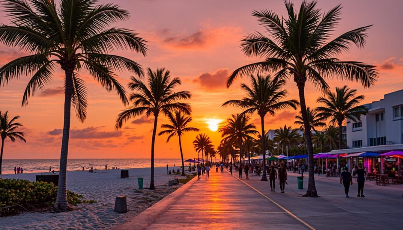Cenário de pôr do sol estilo Vice City com palmeiras e neon